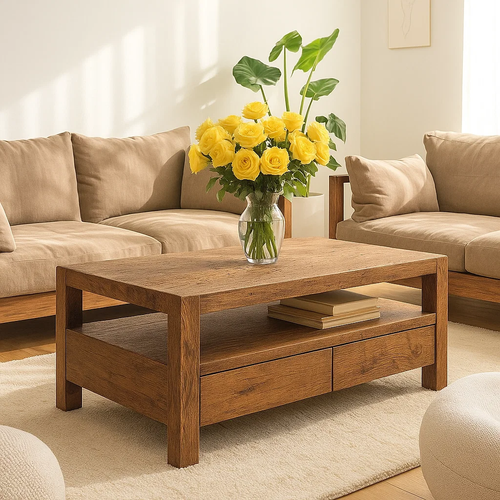 Handcrafted Solid Wood Coffee Table – Modern Rustic Center Table with Drawers and Open Shelf for Minimalist Living Room Décor Kitchnce