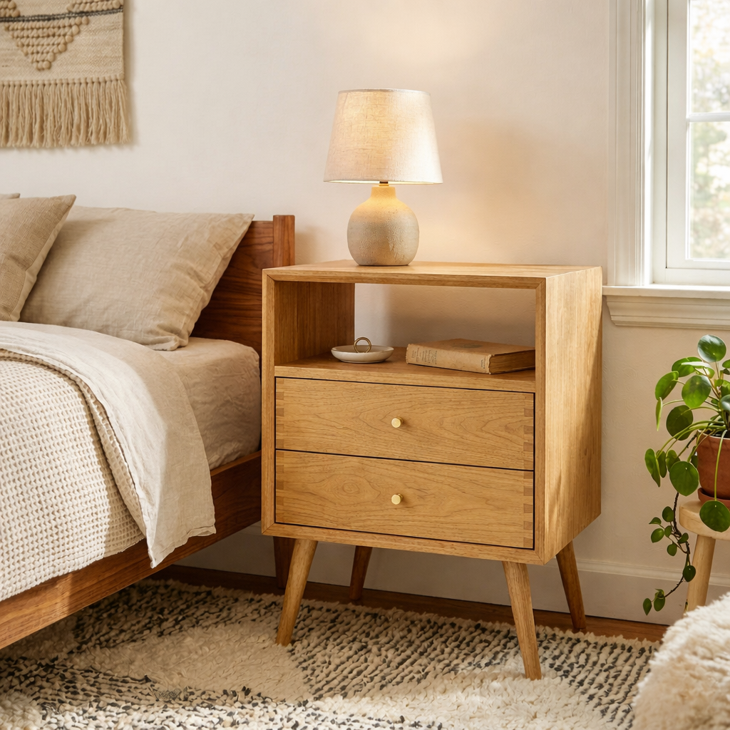 Solid Nightstand - Mid-Century Modern Bedside Table with Open Shelf & 2 Drawers