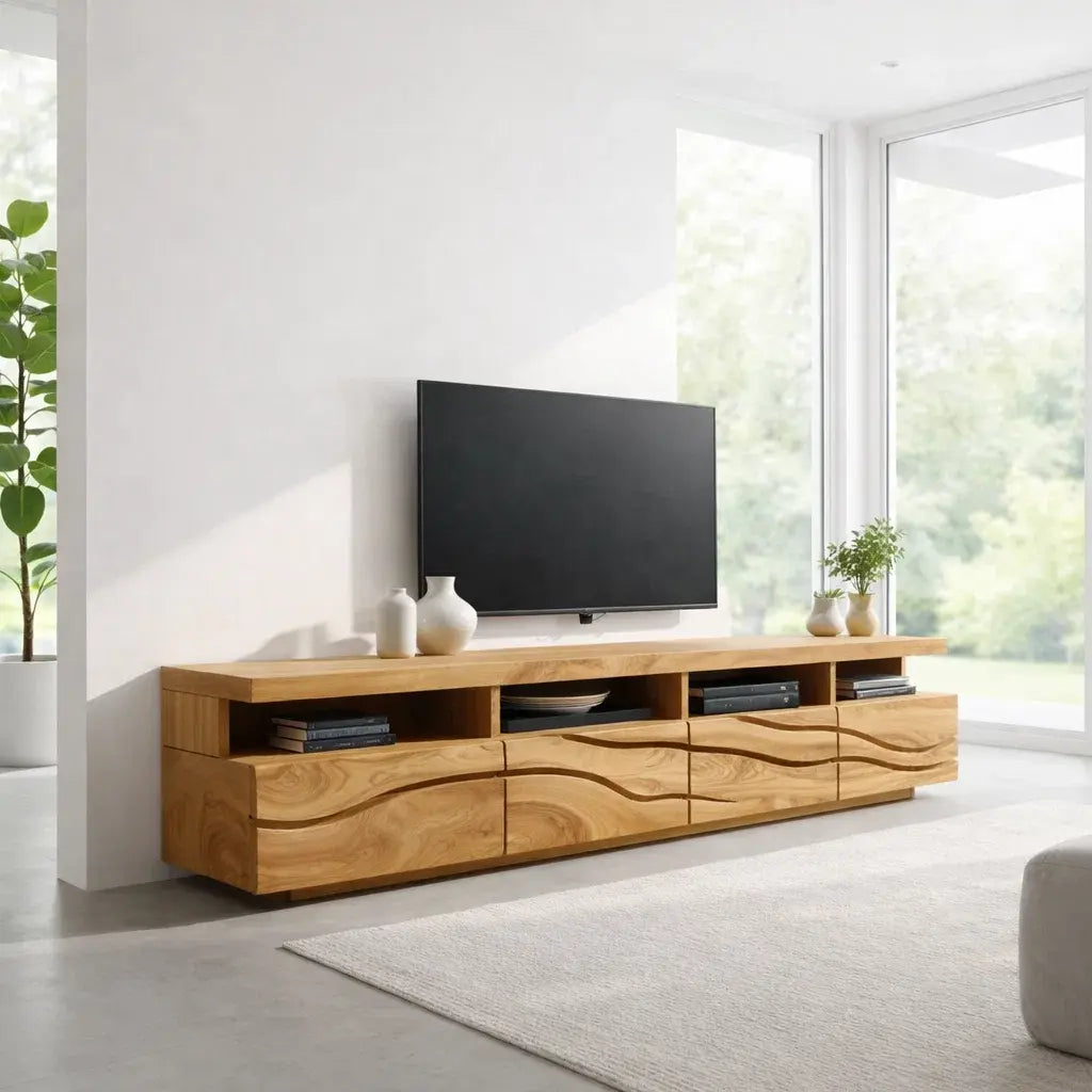 Solid Wood TV Cabinet with Wave Front – Modern Walnut Media Console Kitchnce
