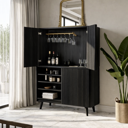 Modern Fluted Bar Cabinet with Wine Glass Rack and Concealed Storage Shelves