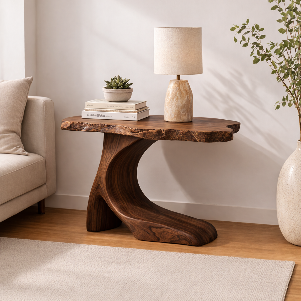 Solid Wood Live Edge End Table with Sculptural Base – Rustic Walnut Side Table