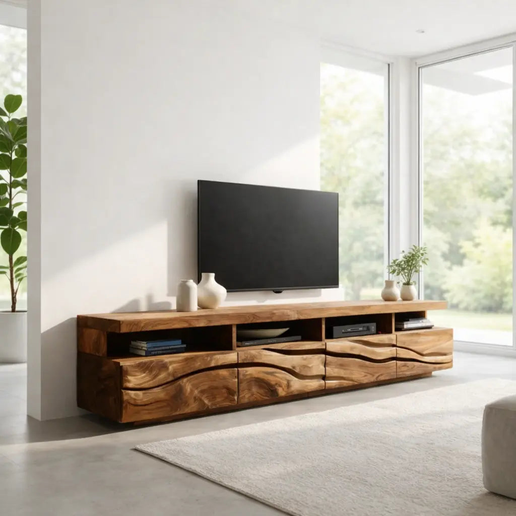 Solid Wood TV Cabinet with Wave Front – Modern Walnut Media Console Kitchnce