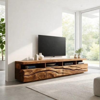 Solid Wood TV Cabinet with Wave Front – Modern Walnut Media Console Kitchnce