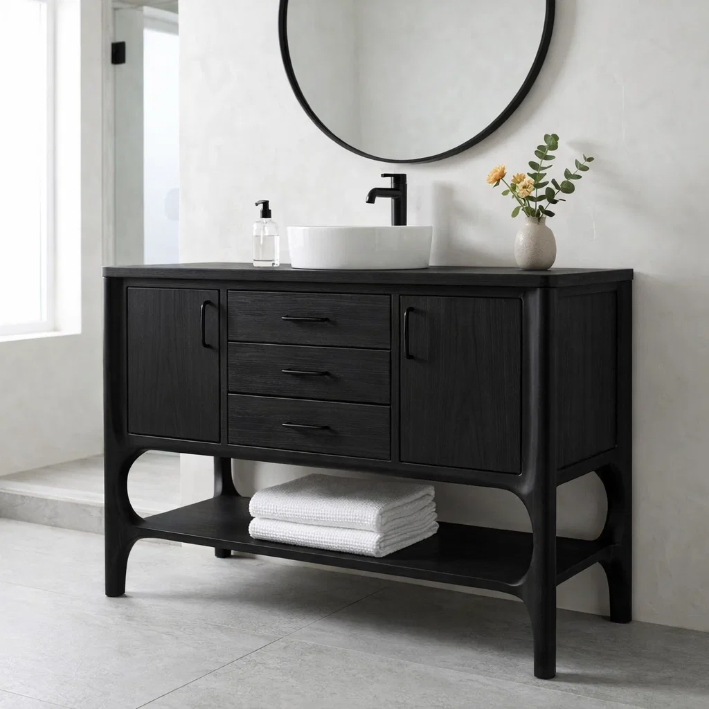 Solid Wood Bathroom Vanity with Drawers & Open Shelf – Modern Natural Base
