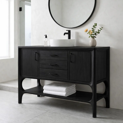 Solid Wood Bathroom Vanity with Drawers & Open Shelf – Modern Natural Base