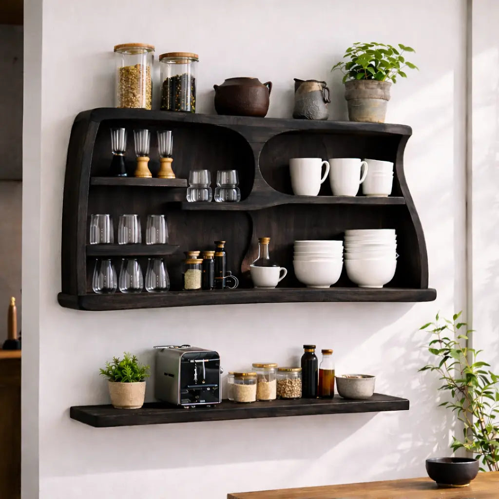Solid Wood Kitchen Cabinet Shelf – Wall Mounted Open Storage with Natural Wood Grain Kitchnce