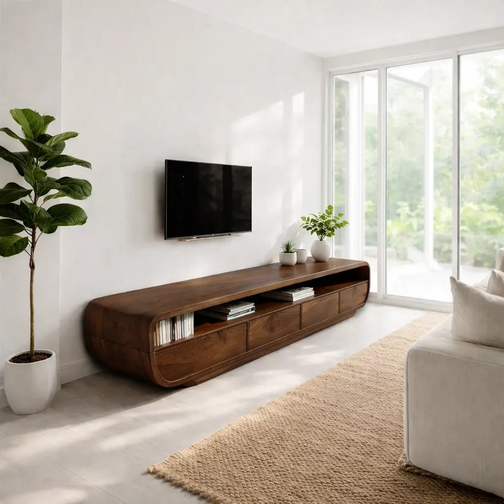 Solid Wood TV Cabinet Modern Curved Media Console with Storage Kitchnce