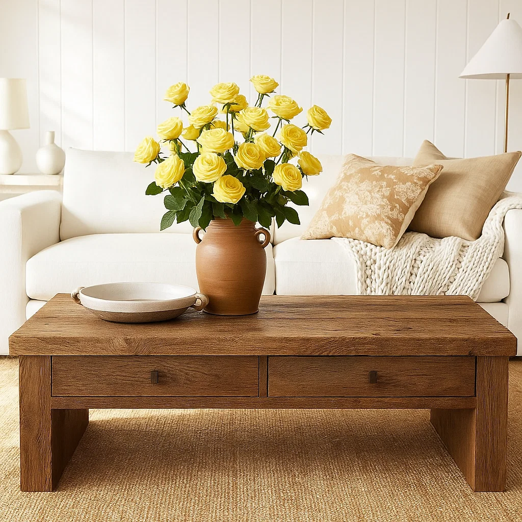 Handcrafted Solid Wood Coffee Table – Rustic Farmhouse Center Table with Drawers, Minimal Design for Elegant Living Room Kitchnce