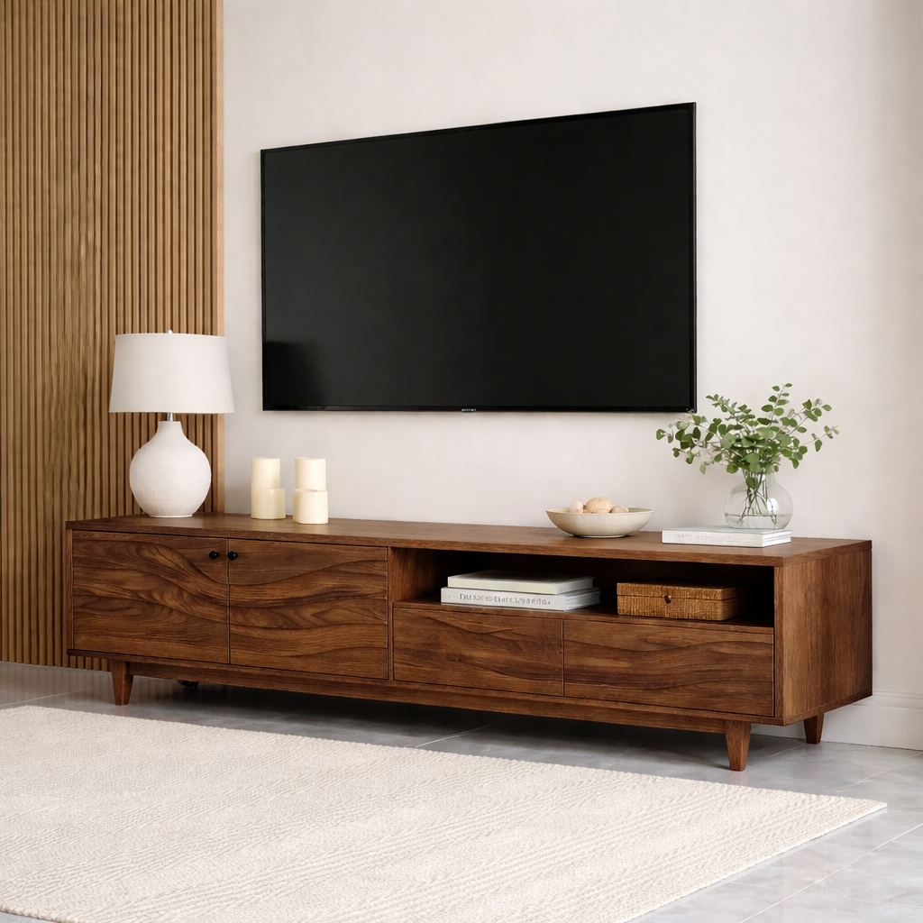 Mid Century Solid Wood TV Stand Long Media Console Modern Entertainment Cabinet Kitchnce