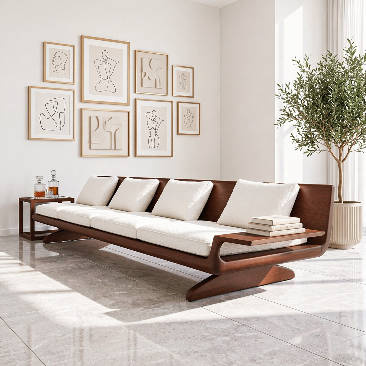 Modern Wooden Sofa, Minimalist Daybed Couch with Integrated Side Display Shelving