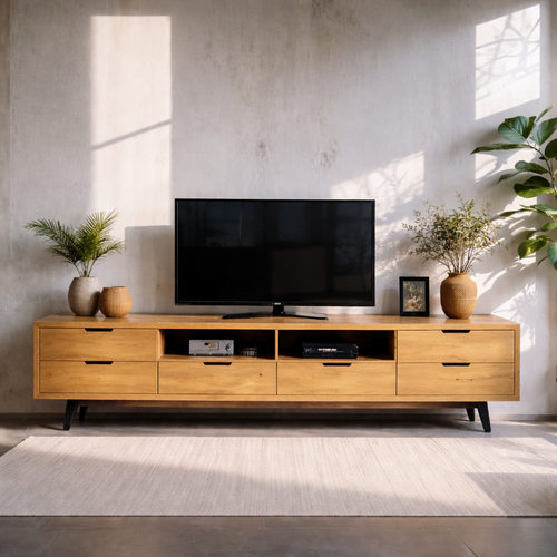 Solid Wood Media Console with Drawers – Modern TV Stand for Living Room Storage