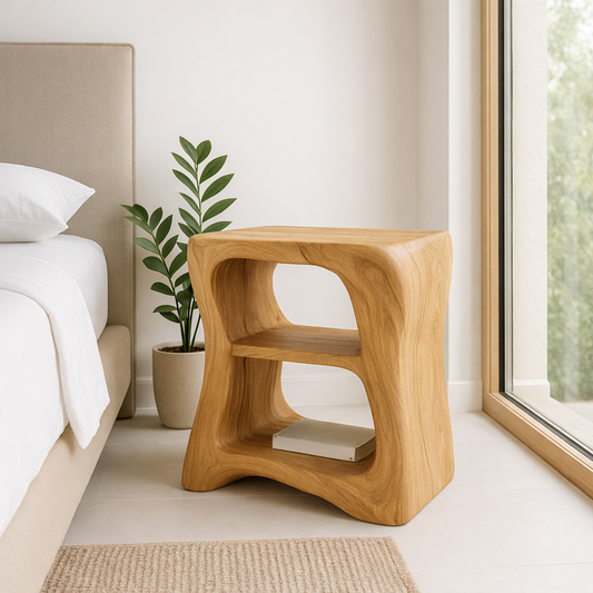 Modern Wooden Nightstand with Curved Design - Solid Wood Bedside Table for Bedroom Kitchnce