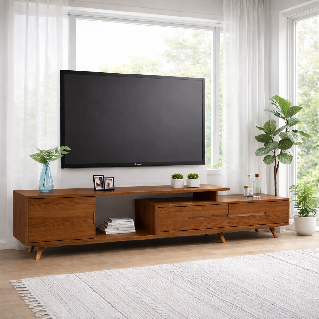 Modern Solid Wood TV Console with Drawers & Open Shelf – Low Media Unit