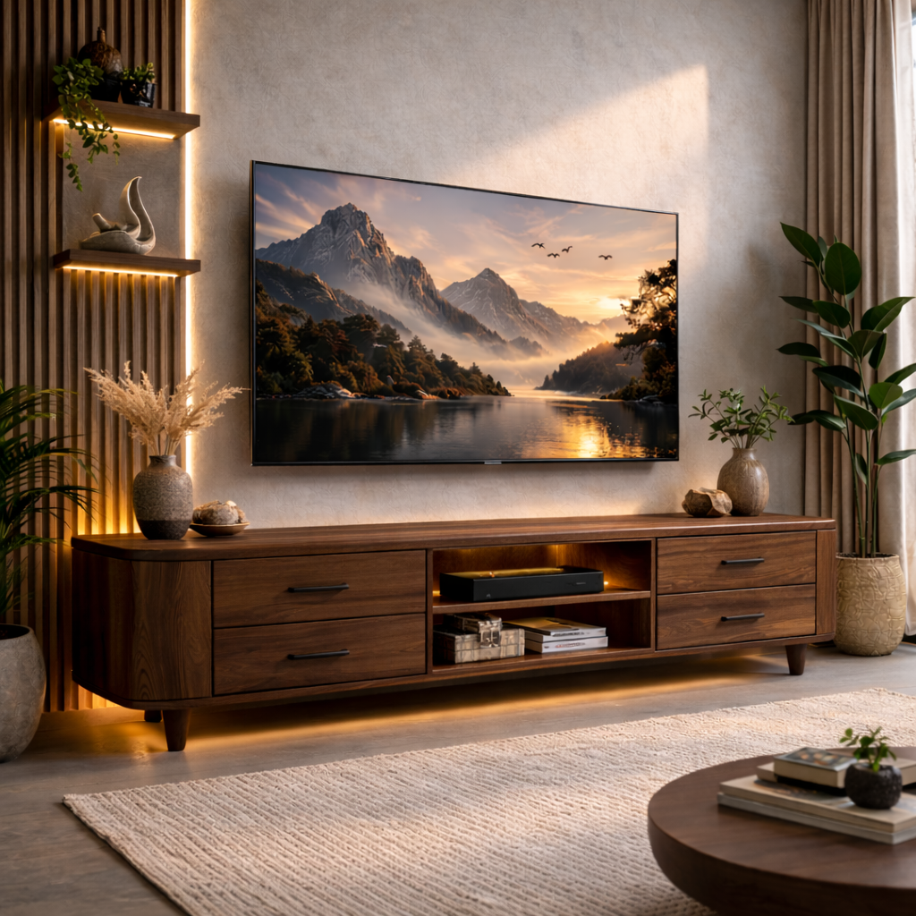 Mid Century Solid Wood TV Stand with Drawers and Open Shelf – Modern Media Console Kitchnce