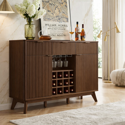 Contemporary Fluted Wooden Bar Cabinet, Wine Storage Sideboard with Glassware Rack
