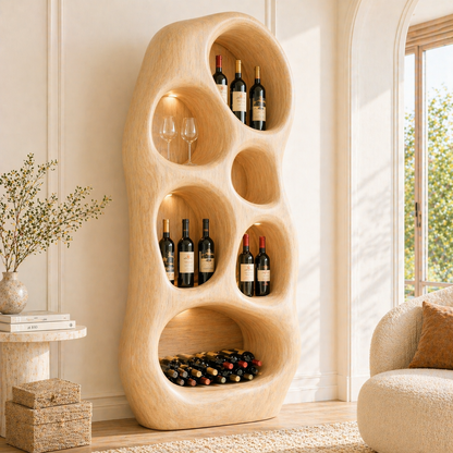 Sculptural Tall Wine Cabinet Freestanding Bottle Display Modern Bar Storage Shelf Unit