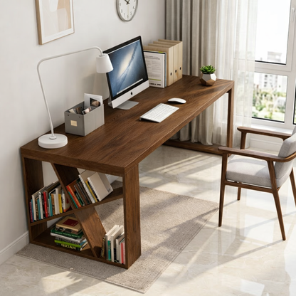 Modern Writing Desk with Bookshelf Base, Long Minimalist Home Office Workstation Table