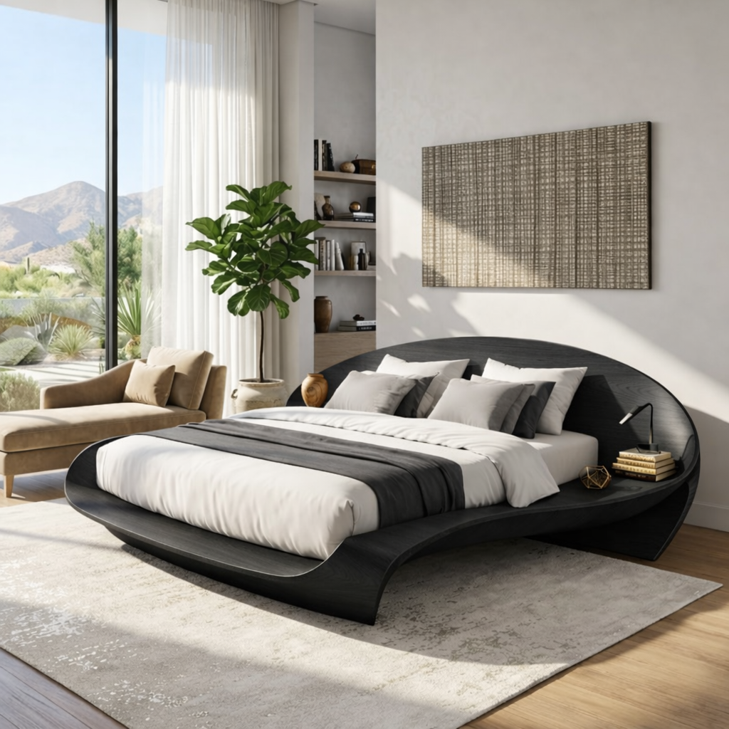 Modern Curved Platform Bed Frame, Sculptural Minimalist Bedroom Furniture
