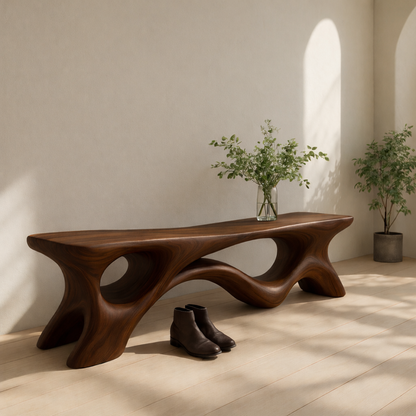 Solid Wood Entryway Bench with Sculptural Base – Modern Organic Wooden Bench Kitchnce