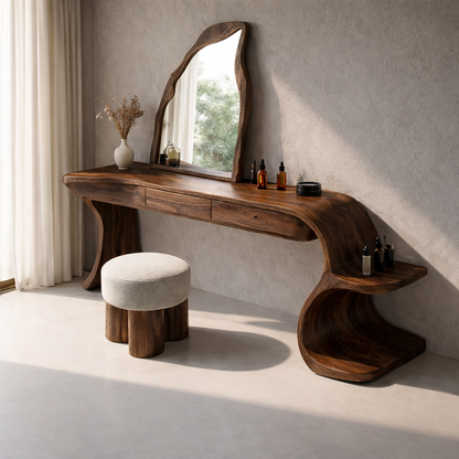 Handcrafted Solid Wood Makeup Vanity with Organic Design and Storage
