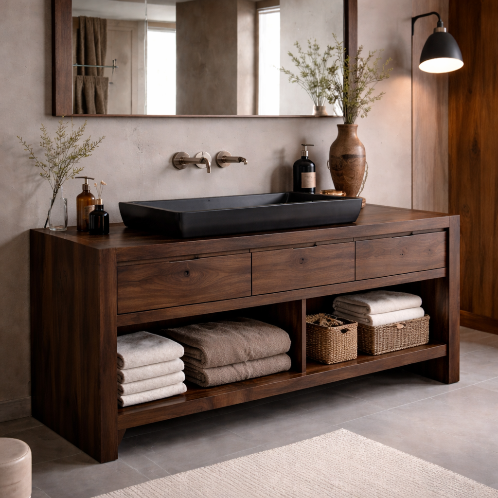 Solid Wood Bathroom Vanity Cabinet with Drawers & Open Shelf – Modern Walnut Vanity Base