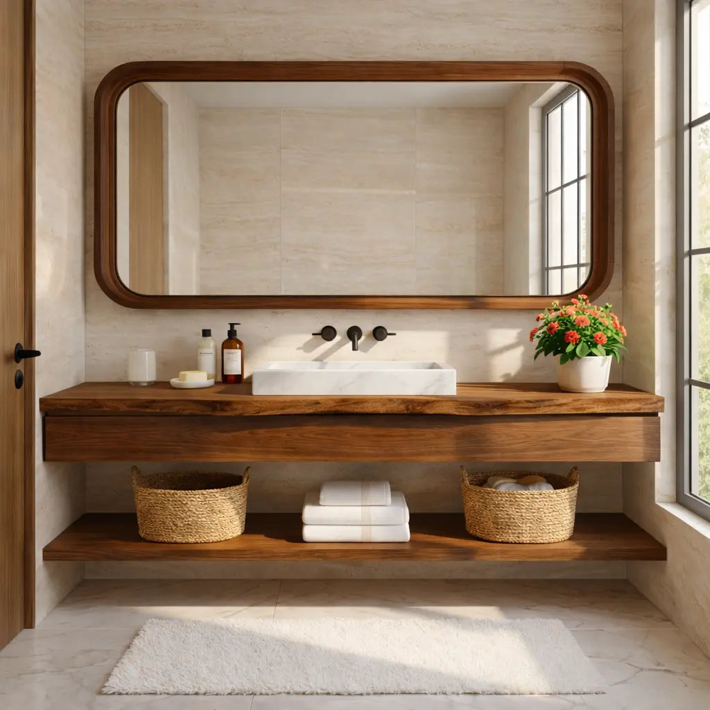 Natural Wood Floating Vanity with Round Mirror and Black Faucets Kitchnce