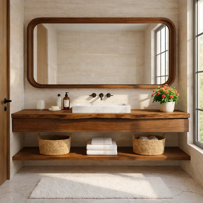 Natural Wood Floating Vanity with Round Mirror and Black Faucets Kitchnce