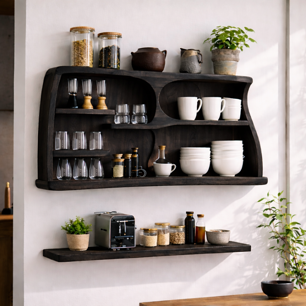 Solid Wood Kitchen Cabinet Shelf – Wall Mounted Open Storage with Natural Wood Grain