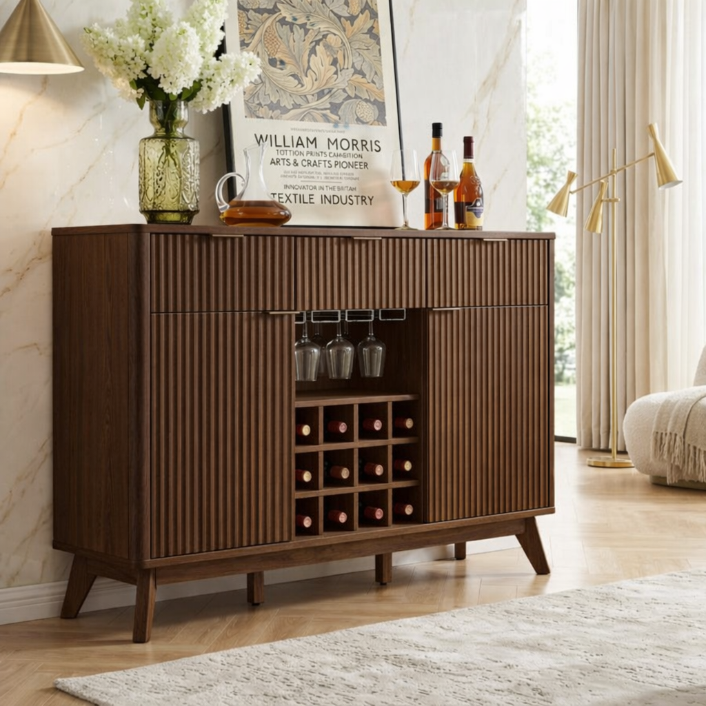 Contemporary Fluted Wooden Bar Cabinet, Wine Storage Sideboard with Glassware Rack