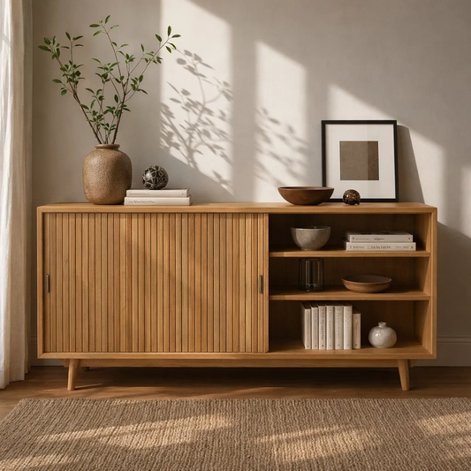 Solid Wood Sideboard Cabinet with Sliding Slatted Doors & Open Shelf Storage