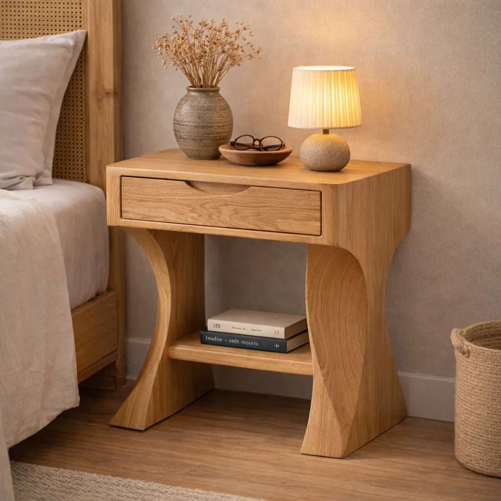 Solid Walnut Nightstand with Drawer and Shelf – Modern Curved Wood Bedside Table