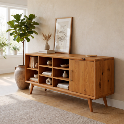 Solid Oak Console Cabinet with Shelves & Door – Modern Storage Sideboard Table