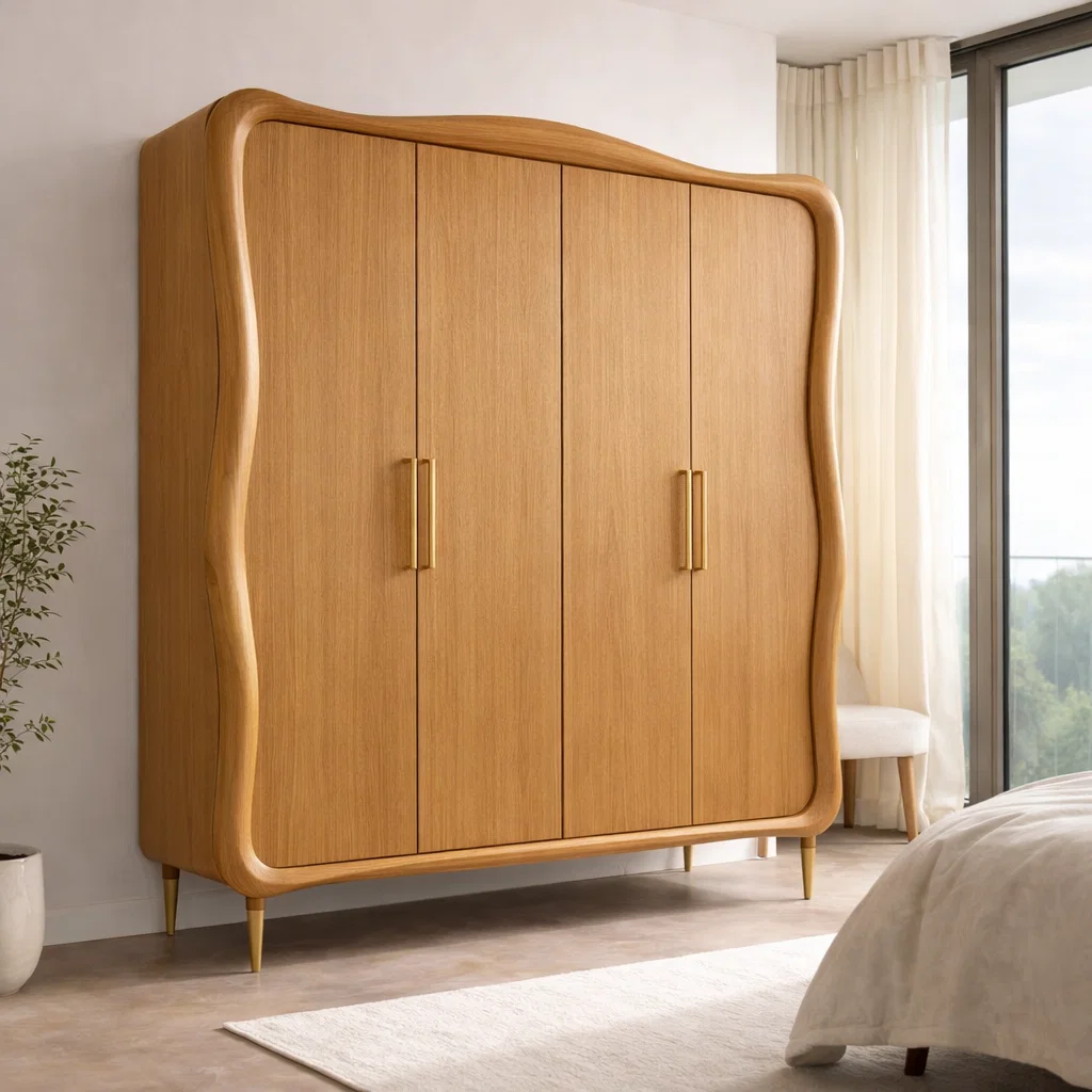 Mid-Century Modern Solid Wood Wardrobe with Curved Design – Spacious Storage