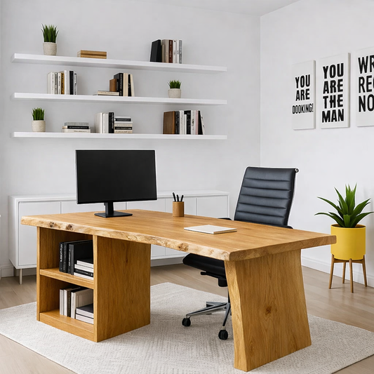 Live Edge Office Desk Modern Executive Writing Desk With Storage Shelf Large Workspace