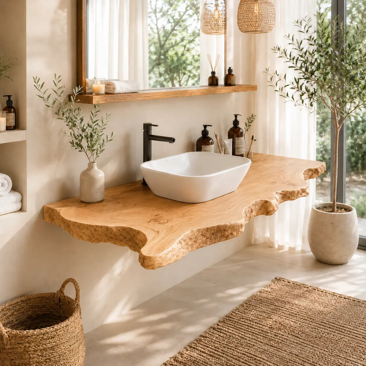 Bark Edge Floating Vanity Shelf | Natural Live Edge Solid Wood Bathroom Kitchnce