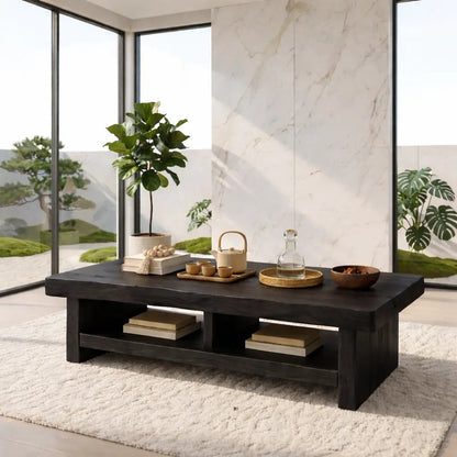 Rustic Solid Wood Coffee Table with Live Edge Top and Open Storage Shelf Kitchnce