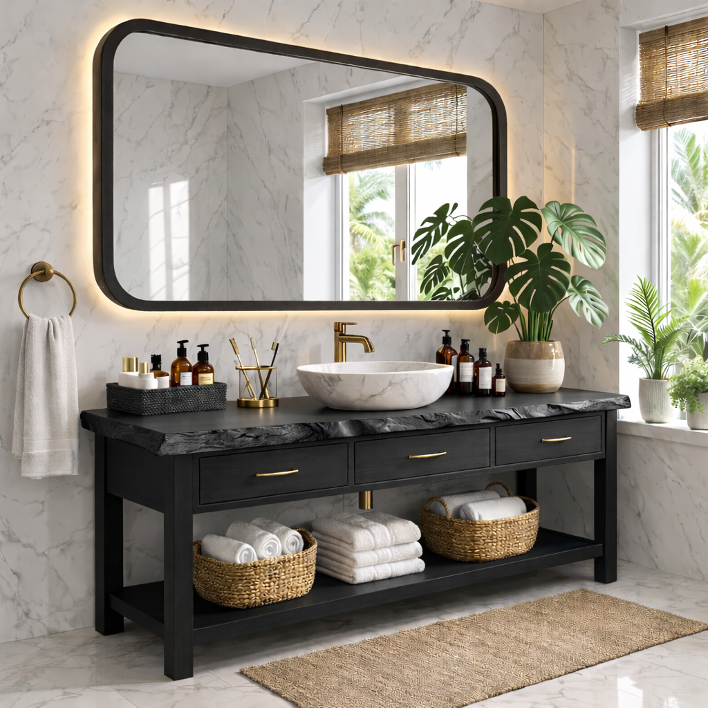 Elegant Wooden Bathroom Vanity with Spacious Storage and Marble Sink Kitchnce