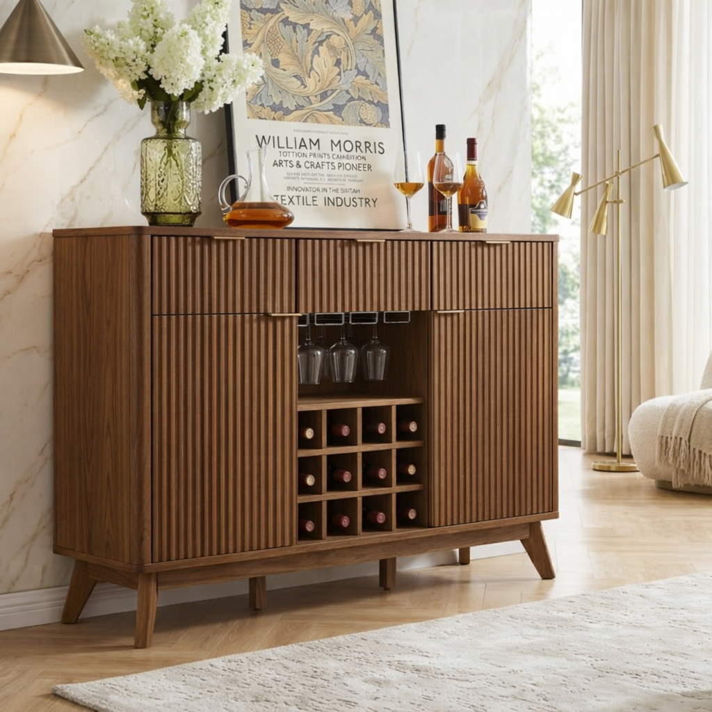 Contemporary Fluted Wooden Bar Cabinet, Wine Storage Sideboard with Glassware Rack