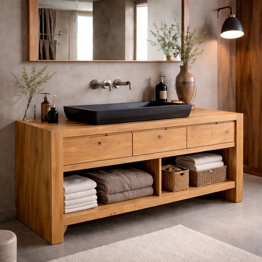 Solid Wood Bathroom Vanity Cabinet with Drawers & Open Shelf – Modern Walnut Vanity Base