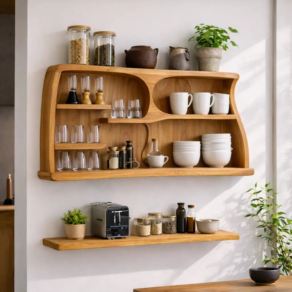 Solid Wood Kitchen Cabinet Shelf – Wall Mounted Open Storage with Natural Wood Grain Kitchnce