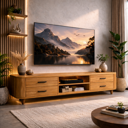 Mid Century Solid Wood TV Stand with Drawers and Open Shelf – Modern Media Console Kitchnce