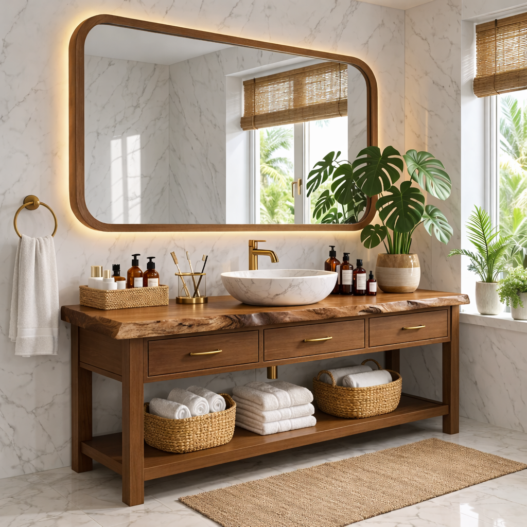 Elegant Wooden Bathroom Vanity with Spacious Storage and Marble Sink Kitchnce
