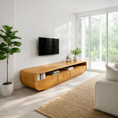 Solid Wood TV Cabinet Modern Curved Media Console with Storage Kitchnce