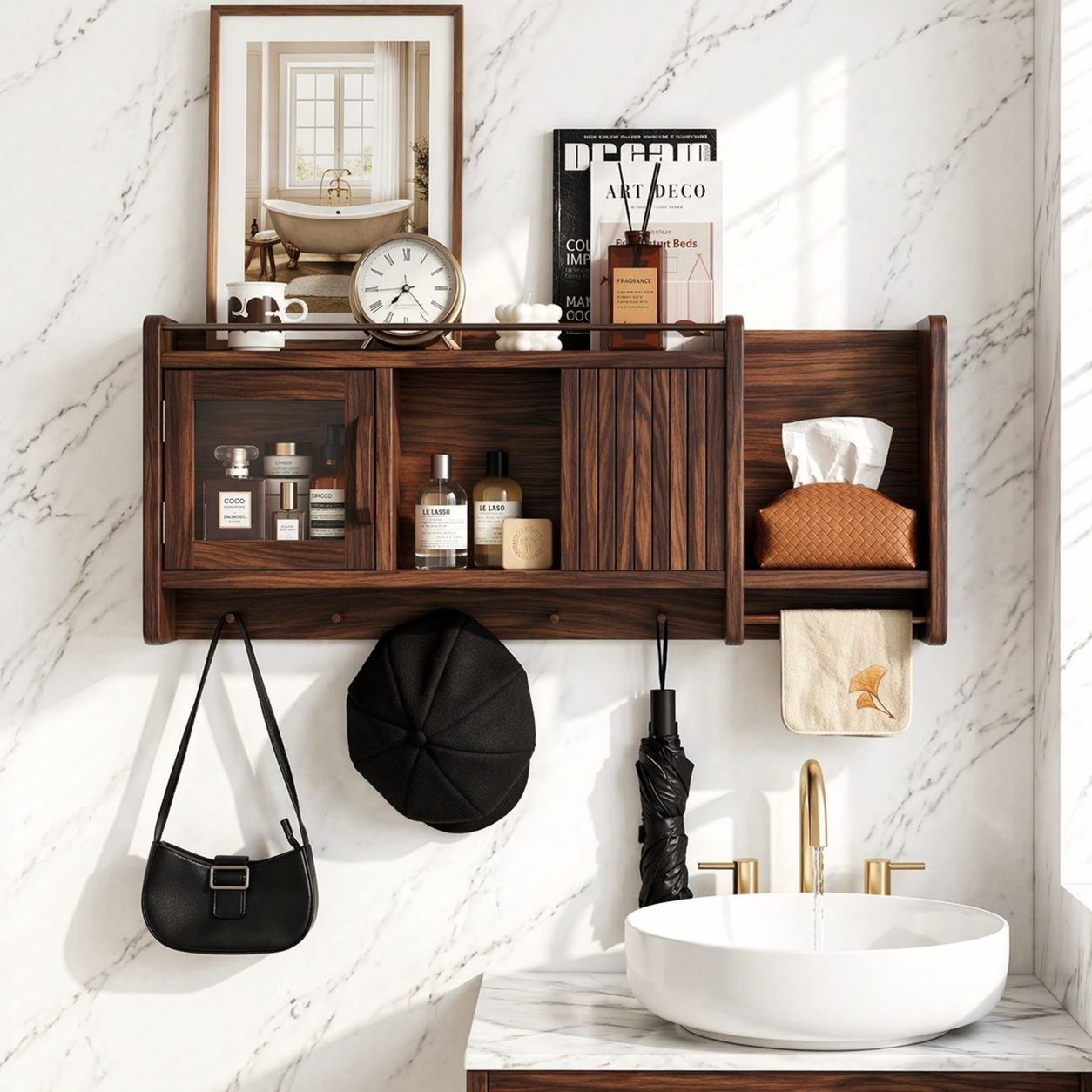 Floating Bathroom Cabinet, Wall Mounted Vanity Shelf Organizer With Tissue Holder