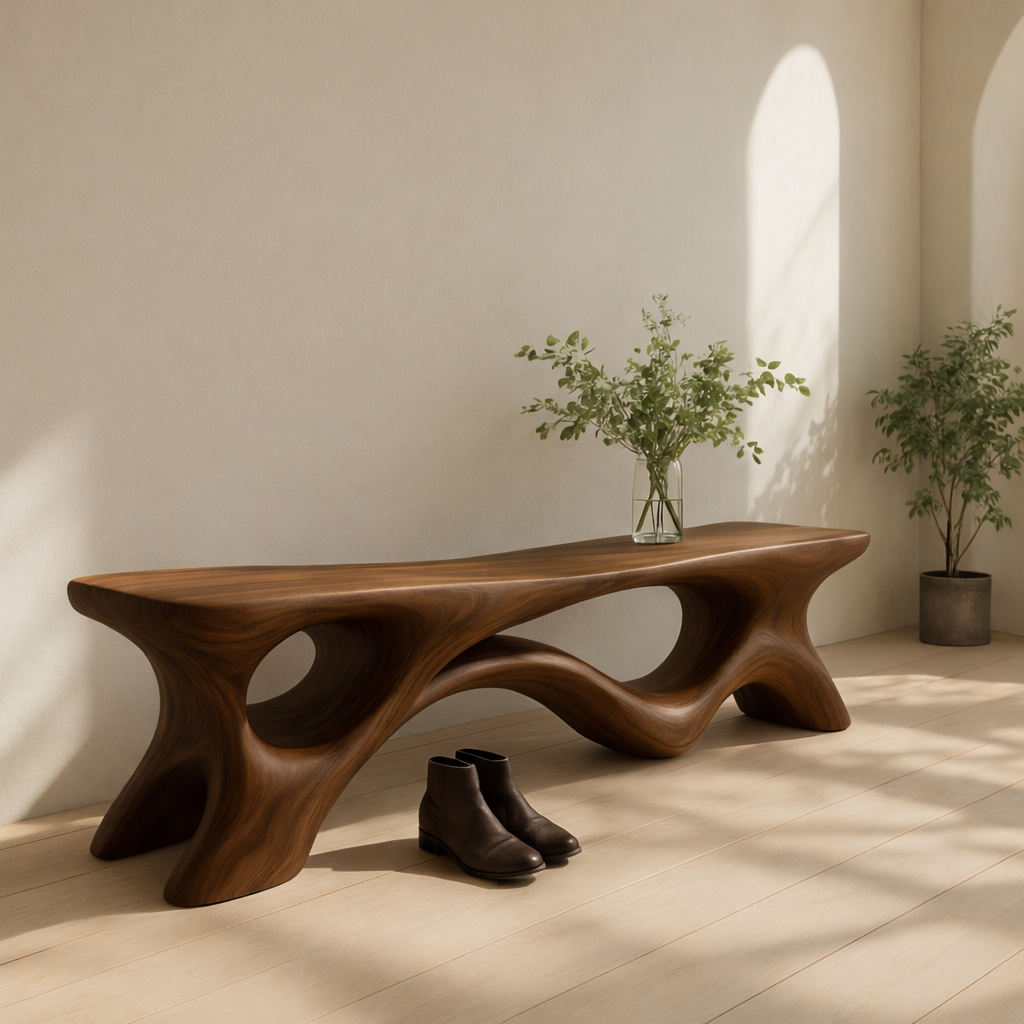 Solid Wood Entryway Bench with Sculptural Base – Modern Organic Wooden Bench Kitchnce