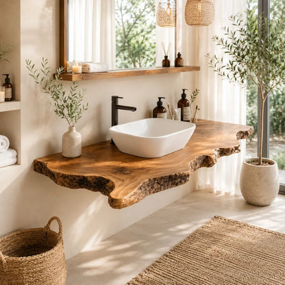 Bark Edge Floating Vanity Shelf | Natural Live Edge Solid Wood Bathroom Kitchnce
