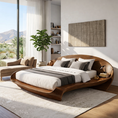 Modern Curved Platform Bed Frame, Sculptural Minimalist Bedroom Furniture