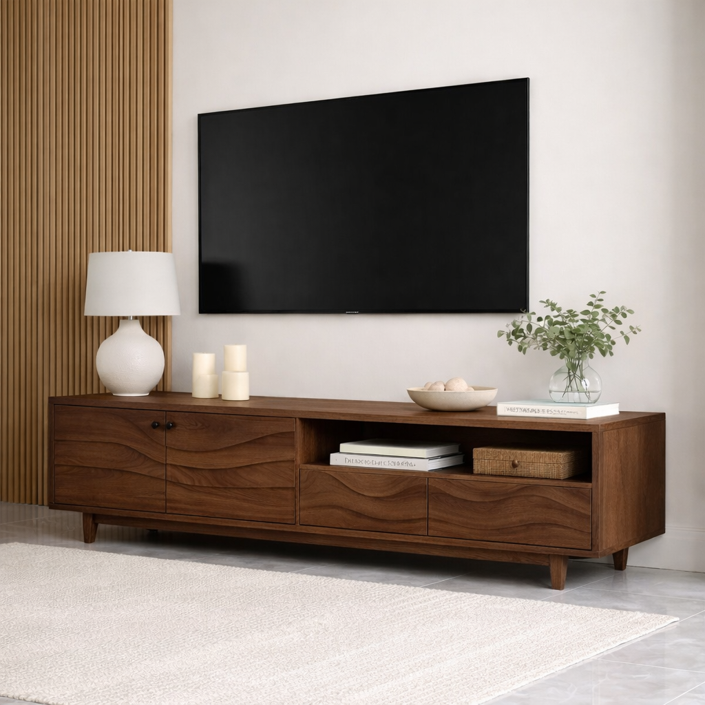 Mid Century Solid Wood TV Stand Long Media Console Modern Entertainment Cabinet Kitchnce