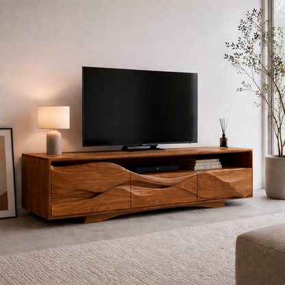 Solid Wood Media Console with Sculpted Front, Modern TV Stand with Storage Shelves