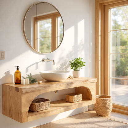 Floating Vanity with Walnut Wood Finish and Spacious Storage Shelf Kitchnce